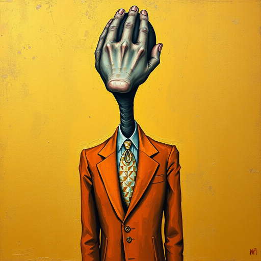 A quirky abstract impressionist painting of a tall, slender figure with a big hand for a head . The hand takes up most of the "head" area. The figure is dressed in a orange suit with a mother-of-pearly tie. It stands against a mottled golden background.  Surrealist, realistic textures, , creative, Klimt, diswashed, Aging effects, grainy