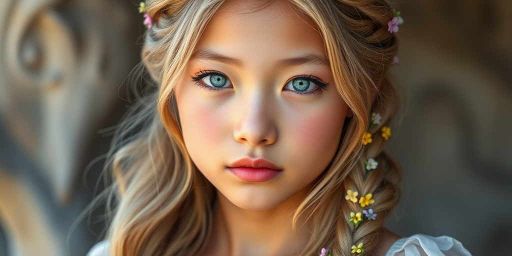 Create an image of a young Hmong woman with long, wavy blonde hair, adorned with small, colorful flowers woven into her braids and loose strands. Her complexion is fair, with soft, glowing skin, and she has light blue eyes that gaze softly at the viewer. She wears a light, flowing dress with a gentle, ethereal quality, complementing her delicate and serene appearance. The background is slightly blurred, drawing focus to her tranquil expression and the intricate details of the flowers in her hair. The overall mood of the image is one of natural beauty and grace, evoking a sense of peacefulness and connection with nature.