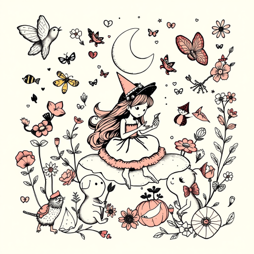 Illustrative tattoo style design called "Storybook Dreams" featuring whimsical hand-drawn elements and characters from fairy tales and folklore rendered in a soft pastel color palette