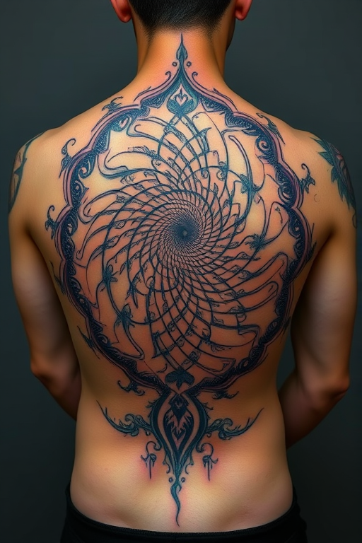 Captivating body tattoo of a spiraling fractal pattern expanding from the center of the back, rendered in holographic ink that shifts colors with movement