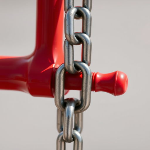 Regenerate an image of a metallic chain connected to a red handle, captured with a Canon EOS R, 50mm lens, aperture f/2.8, ISO 100, in natural light, with a clean background to enhance focus on the object.