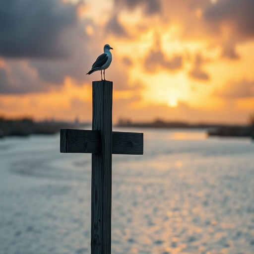 Create an image of a wooden cross standing by a calm river under a cloudy sky at sunrise, with a gull perched on top, shot with a Canon EOS R, 50mm lens, f/1.8 aperture, ISO 100, 1/200 sec exposure, using a wide-angle view for depth and softness in the background.