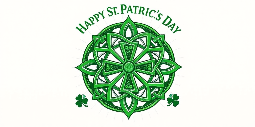 Create an intricate design celebrating St. Patrick's Day featuring a green Celtic knot with a cross at the center, surrounded by radiating lines, ornate text saying "Happy St. Patrick's Day" above and four-leaf clovers at the corners, captured in high resolution with a DSLR camera at f/2.8, ISO 100, and a 50mm lens, with a soft-focus background for depth.