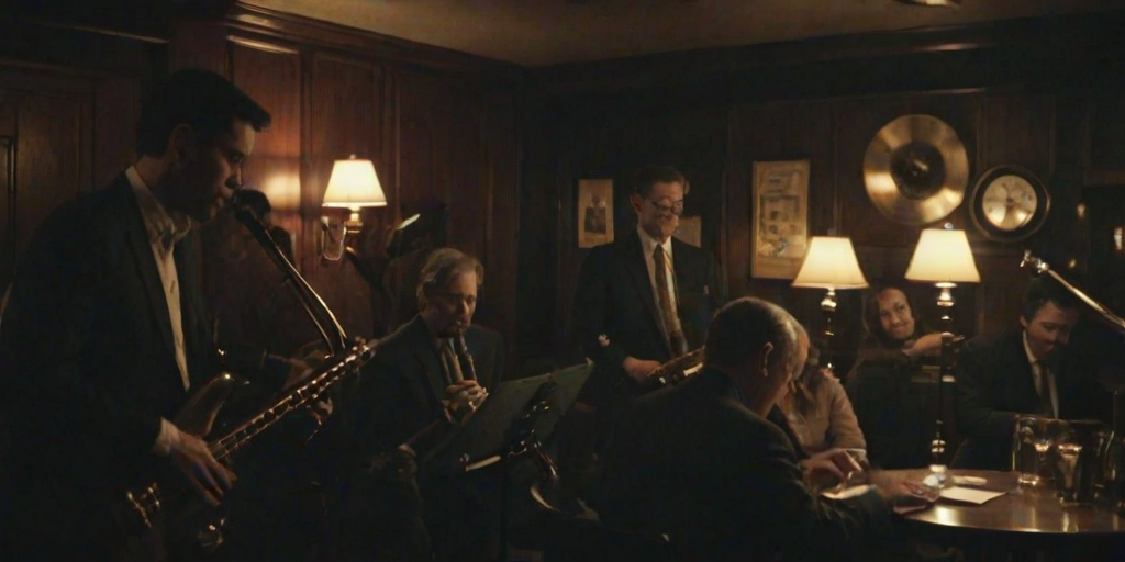 Grainy, low-light photo of a small jazz band playing in a dimly lit bar, soft glow from table lamps casting warm light on the musicians, smoke lingering in the air, patrons nodding along to the music, soft clinking of glasses in the background.