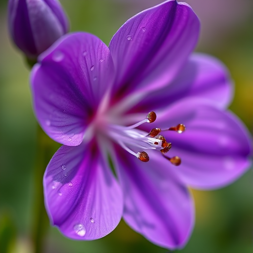 Macro photography of a blooming purple flower with dew drops, sharp focus, natural light, f/2.8 aperture, shutter speed 1/250s, ISO 100, DSLR camera, 50mm lens, shallow depth of field, vibrant colors, soft background bokeh.