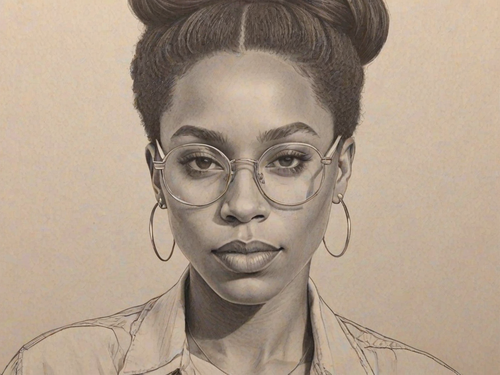 Beauteous Lena Waithe, pencil sketch, portrait of Radiant woman 1970s in glasses, hair style beatnik, outline, clear lines, fine lines, 8k