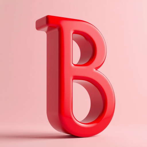 Create a 3D rendered image of a large, glossy red letter B, using a DSLR camera with a 50mm lens, aperture f/1.8, ISO 100, and a slight vignette effect, positioned against a soft gradient background for enhanced depth.
