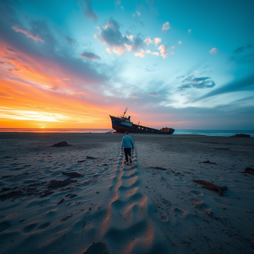 A desolate beach scene at sunset with a person walking toward a shipwreck and ruins, captured with a Canon EOS 5D Mark IV, 24mm lens, aperture f/8, ISO 100, low angle view, HDR style for enhanced detail and color saturation.