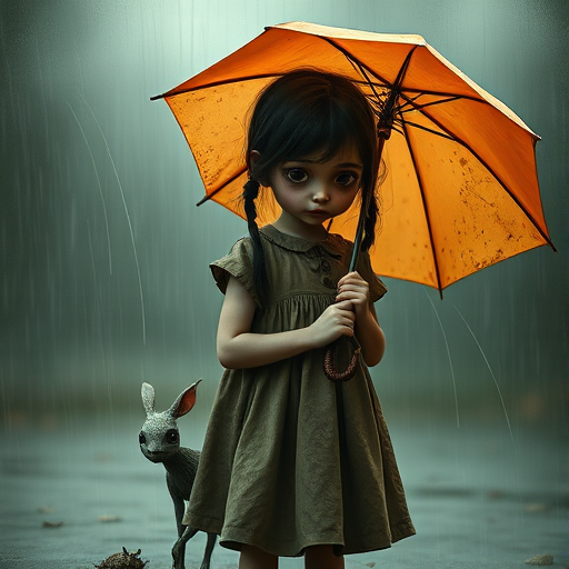 An eerie, weird little girl with dark hair in thin pigtails, wearing a smock dress, standing in the rain, holding a dirty orange umbrella, a small, odd creature beside her. In a surreal style inspired by Nicoletta Ceccoli and Brian Froud. Dark fantasy themes