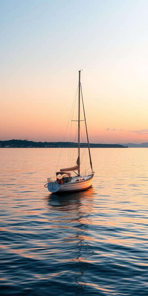 Regenerate an image of a sailing boat on calm waters with a distant shoreline, captured at sunrise, using a DSLR camera, 50mm lens, aperture f/2.8, ISO 100, shutter speed 1/200s, in landscape orientation with a shallow depth of field to enhance image quality.