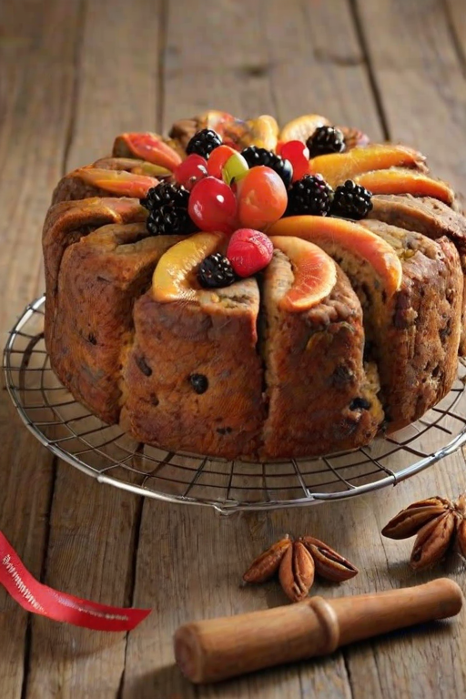 Create an image of a round fruitcake on a wire rack. The cake should be rich in color, featuring a variety of dried fruits and nuts. A slice should be cut out to reveal the interior texture. The background should include rustic wooden elements and a vintage container. Add some decorative ribbon to enhance the festive feel.