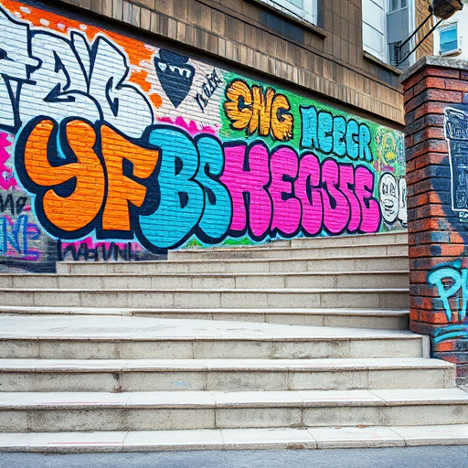Create an urban scene featuring a vibrant graffiti wall with abstract designs and colors, captured with a DSLR camera at f/2.8, shutter speed 1/125s, ISO 200, shot from a low angle to emphasize the steps leading up to the wall, in a high-contrast style to enhance details and textures.