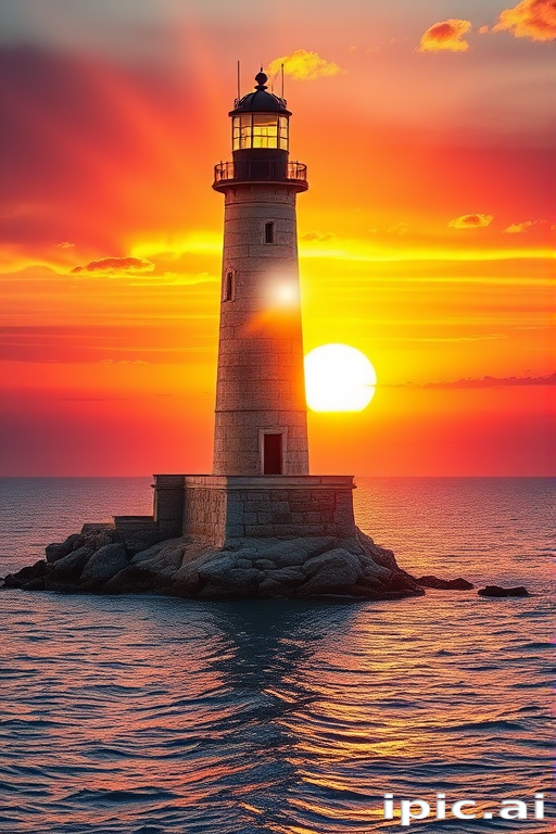 Generate an image of a tall lighthouse perched on a rocky outcrop surrounded by calm ocean waters during a breathtaking sunset. The lighthouse stands sturdy and weathered, its stone surface illuminated by the warm golden light of the setting sun. The sun's rays pass directly through the glass lantern room at the top of the lighthouse, casting a brilliant light across the scene. The sky is painted with vibrant shades of orange, pink, and purple, reflecting off the tranquil sea. The surrounding water shimmers with the same warm hues, creating a serene and majestic atmosphere.