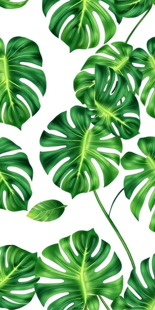create a seamless pattern of tropical monstera leaves on a white background, using a high-resolution camera, macro view, vibrant color settings, DSLR type, f/2.8 aperture, 1/250 shutter speed, ISO 200