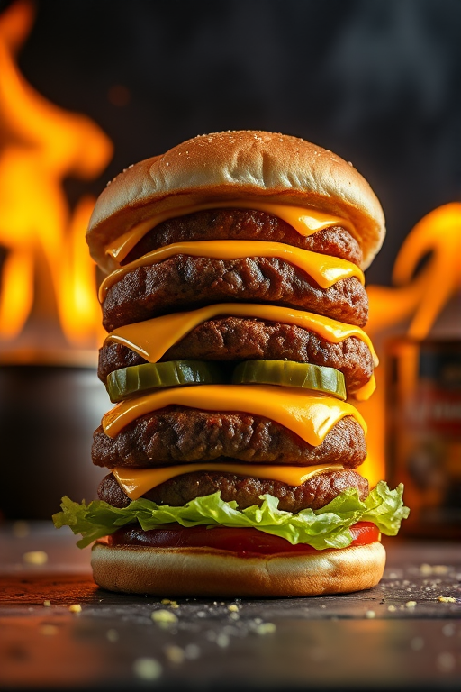 Create an image of a towering cheeseburger stacked with three juicy patties, melted cheese, pickles, and lettuce, surrounded by vibrant flames for a dramatic effect, using a Canon EOS R5 camera with a 50mm f/1.2 lens, aperture set to f/1.8, ISO 100, and a low angle shot to enhance depth and showcase the layers of the burger.