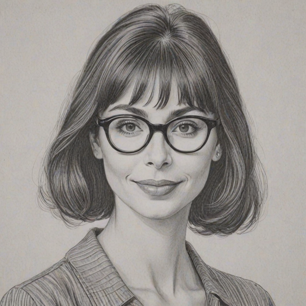 Attractive Talia Shire, pencil sketch, portrait of Pleasing woman 1954s in glasses, hair style beatnik, outline, clear lines, fine lines, 8k
