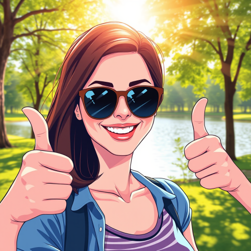 Create an illustration of a smiling woman with shoulder-length hair wearing sunglasses, giving thumbs up in a park setting with a lake and trees in the background, use vibrant colors, emphasize sun rays in the sky, shot with a Canon EOS R5, 35mm lens, f/1.8 aperture, with a bright and cheerful atmosphere.