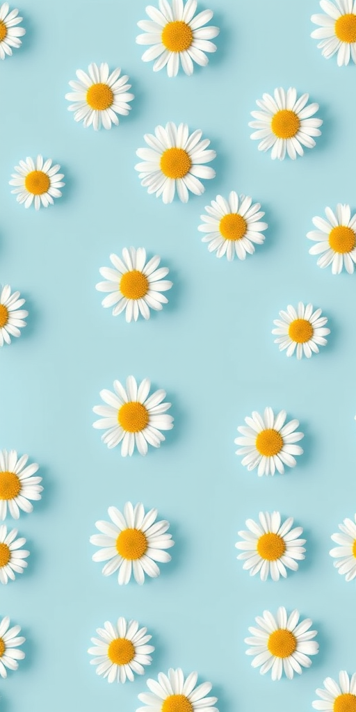 Create a seamless pattern of white daisies on a light blue background, shot with a 50mm lens at f/11, ISO 100, in natural lighting using a DSLR camera to enhance image clarity and detail.