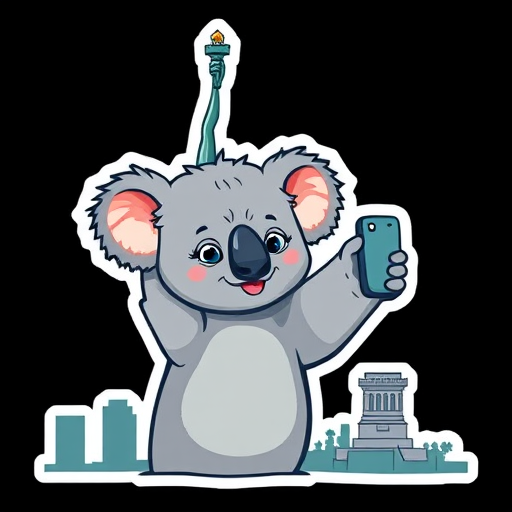 sticker, cute koala taking a selfie at the Statue of Liberty, black background