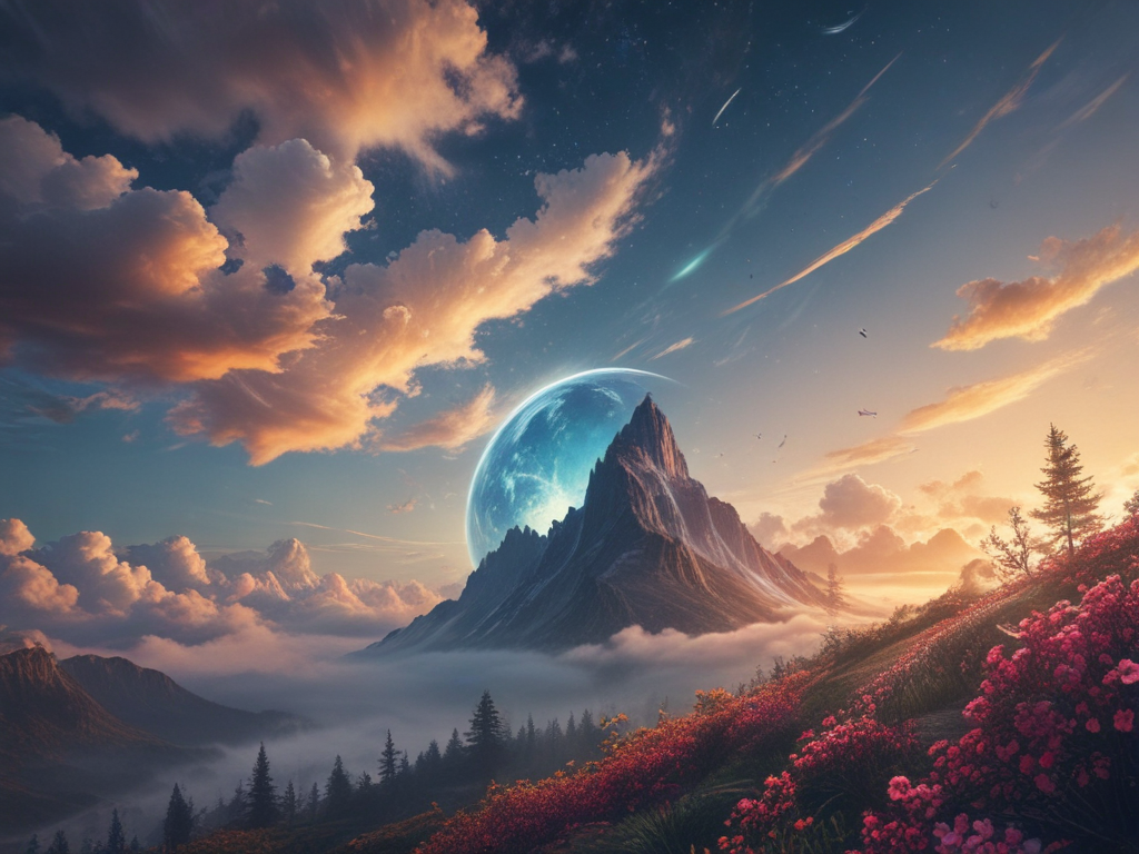 A Majestic Mountain Landscape Under a Stunning Cosmic Sky at Dusk