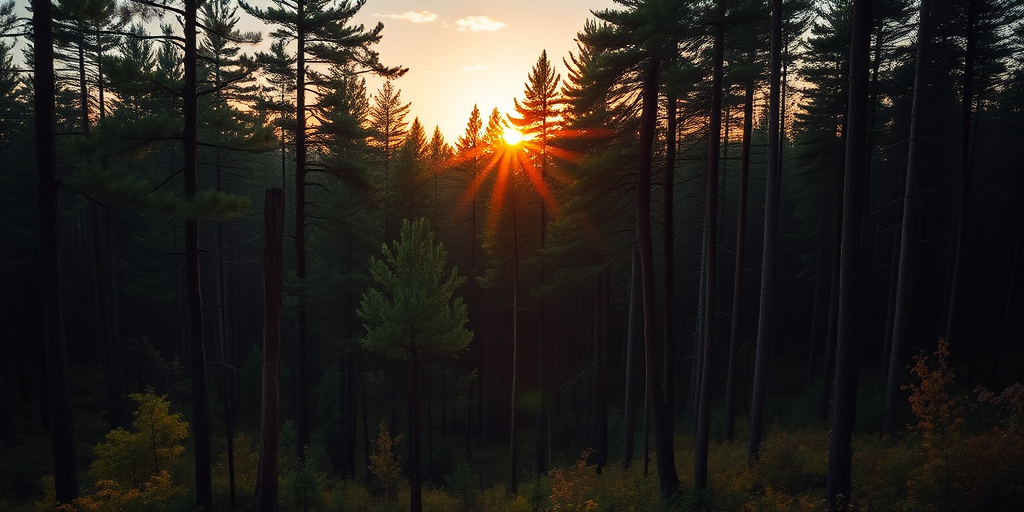 Create a high-resolution image of a serene forest landscape during golden hour, using a Canon EOS R5 with a 24-70mm f/2.8 lens, aperture set to f/8, ISO 100, and shutter speed at 1/250s, capturing a wide-angle view to enhance the depth of field and vivid colors.