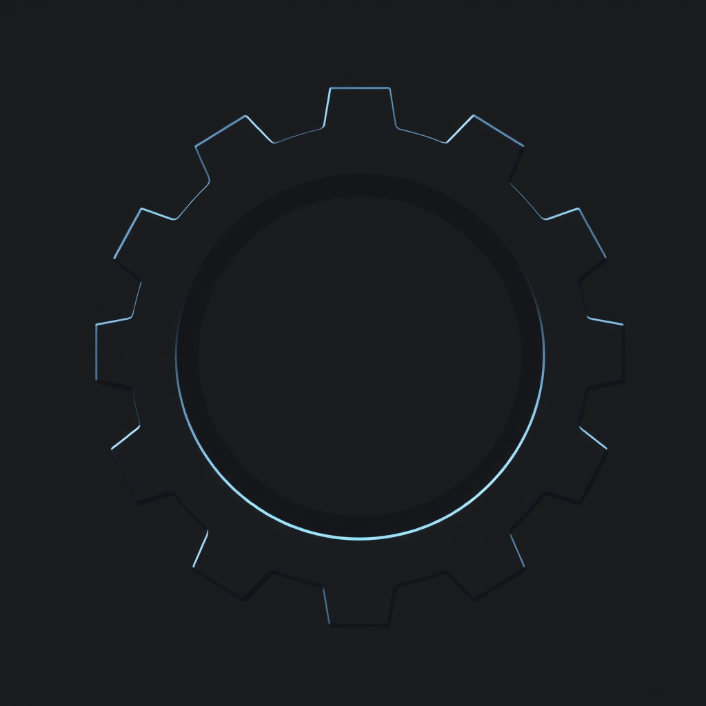 Create a high-resolution digital illustration of a gear, featuring a prominent blue outline around the central circle, with a clean black-and-gray color scheme, using a Canon EOS R5 camera, aperture f/2.8, ISO 100, 50mm lens, and a soft focus background for depth.