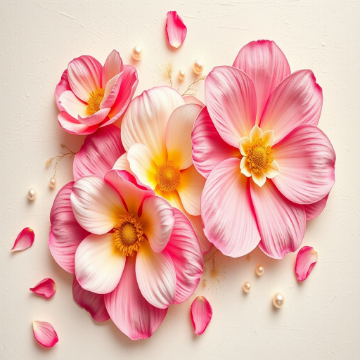 Create an image of a textured floral design featuring large pink and white flowers with yellow centers. The background should be a soft, light color with subtle texture. Include a few flower petals scattered around and small decorative pearls integrated into the composition. The overall feel should be vibrant and artistic, resembling a painting with thick brush strokes.