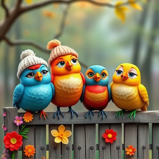 create a scene of 4 quirky  whimsical colourful comical birds each with a funny expression. they are sat on a wooden fence with colourful flowers. they are all different sizes. each one is a different colour  one is wearing a woolly hat. Each one has a different quirky google expression and there is a muted background of trees watercolour paintierly style high definition 8k resolution 3D paper mache