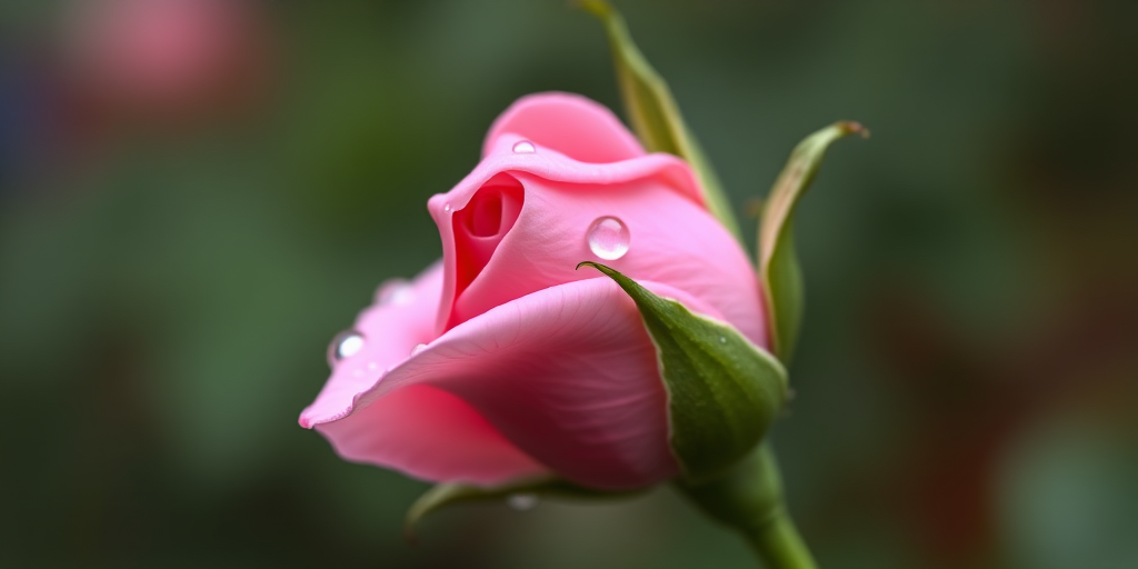 Close-up of a pink rosebud with dew drops on petals, shallow depth of field, taken with a macro lens, f/2.8 aperture, 1/200 sec shutter speed, ISO 100, natural light, blurred background for emphasis on the flower.
