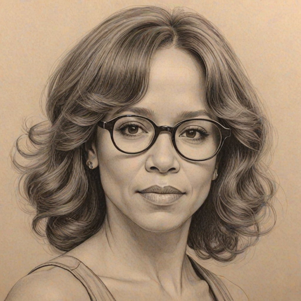 Fascinating Rosie Perez, pencil sketch, portrait of Stunning woman 1932s in glasses, hair style beatnik, outline, clear lines, fine lines, 8k