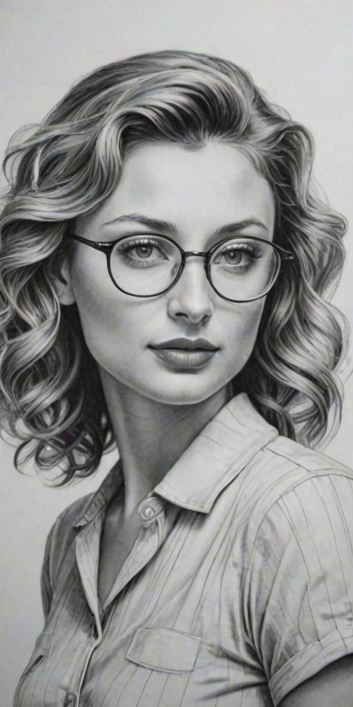 Magnificent Aly Michalka, pencil sketch, portrait of Graceful woman 1939s in glasses, hair style beatnik, outline, clear lines, fine lines, 8k