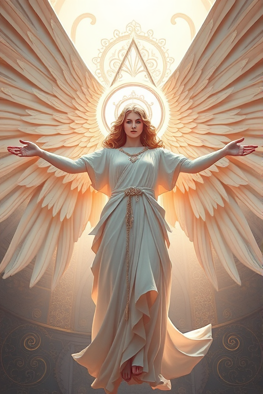 Create an image of a majestic angel with outstretched arms surrounded by intricate designs, shot with a DSLR camera at f/2.8, ISO 100, 50mm lens, in soft natural light with a slight vignette effect to enhance depth.