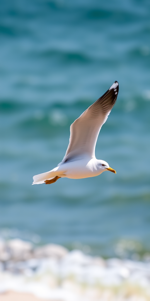 Capture a high-quality image of a seagull in mid-flight with a fast shutter speed of 1/2000 sec, aperture set to f/4 for a blurred background, ISO 200, taken from a low angle with a telephoto lens at 300mm for sharp detail against a natural background.