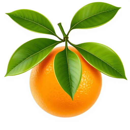 create a high-resolution illustration of a single orange with green leaves on a white background using a DSLR camera, f/2.8 aperture, 50mm lens, shot in natural light for enhanced color vibrancy and clarity.