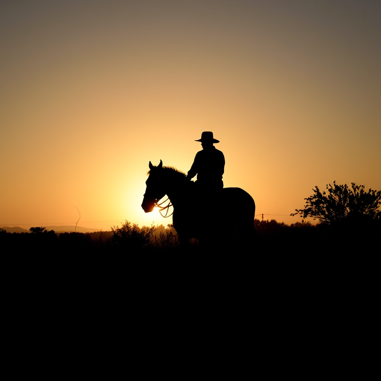 regenerate a silhouette of a person riding a horse with a dog walking beside them, use a DSLR camera with a 50mm lens, aperture set to f/2.8, shutter speed 1/200s, ISO 100, shot from a low angle to capture depth and enhance contrast.