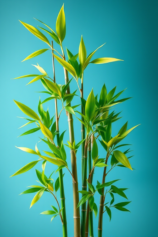Create a vibrant illustration of a bamboo plant with lush green leaves, set against a soft, gradient blue background, captured with aCanon EOS R5, 50mm lens, f/2.8, ISO 100, in high dynamic range style.