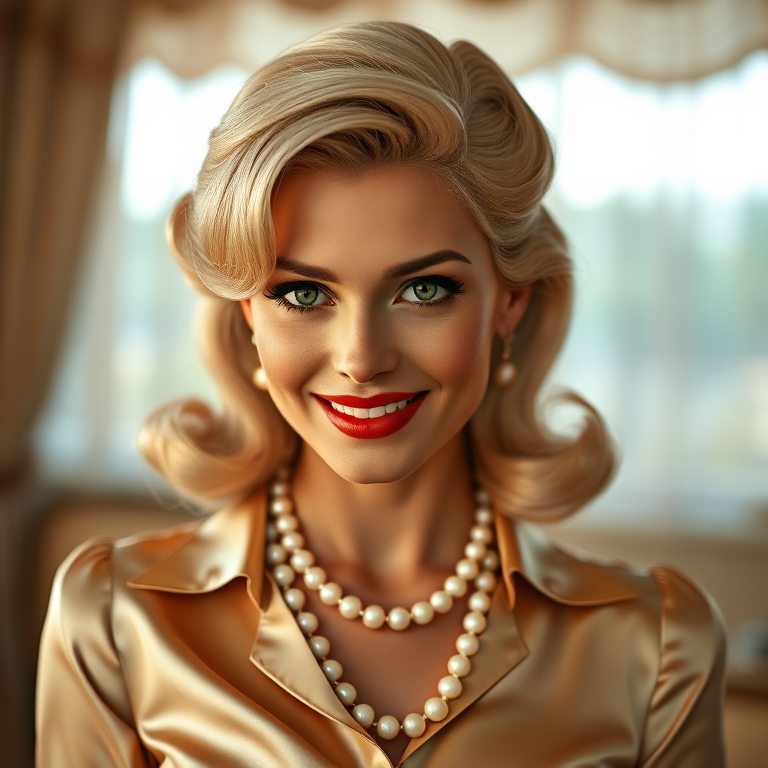A beautiful Romani woman reminiscent of 1950s Hollywood glamour, with perfectly styled blonde hair and a seductive smile, dressed in a satin blouse and adorned with pearls, soft and warm tones, photorealistic, 8K