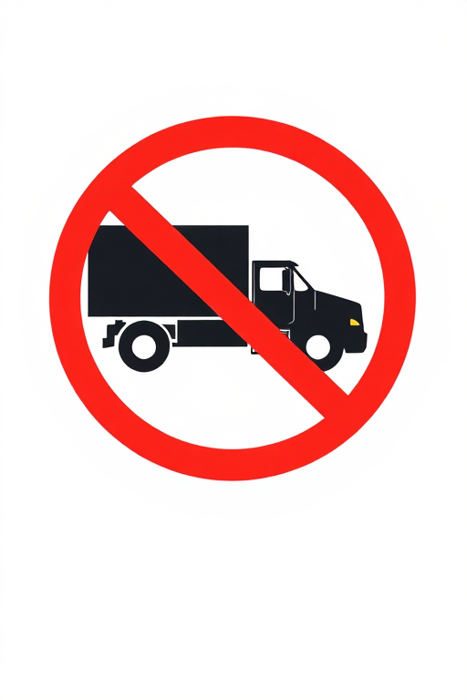 Create a high-resolution image of a no truck symbol with a bold black truck in silhouette against a white background, enclosed in a vibrant red circle, taken from a straight-on view using a DSLR camera with a focal length of 35mm, aperture set to f/8, and ISO 100 for clarity.