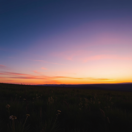 Generate a high-resolution image of a serene landscape at sunset, using a DSLR camera with a 50mm lens, aperture f/1.8, ISO 100, shutter speed 1/200s, straight view, in vibrant colors and soft lighting for enhanced depth and clarity.