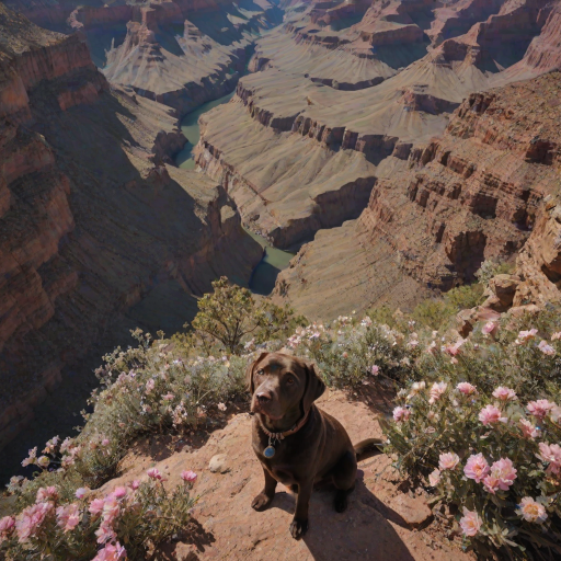 dark and unsettling dream showing in Grand Canyon, USA, Overhead View, sage and brown Labrador Retriever is esthetic, captivating spring bloom on the background , avatar of elements. magical surrealism, wizardry. best quality, high resolution (embedding:dw01-3400:0.8) <lora:F_QuinnXL:0.8>