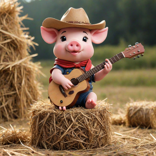 A chibi pig, dressed as a cowboy, playing guitar, sitting on a hay bale
