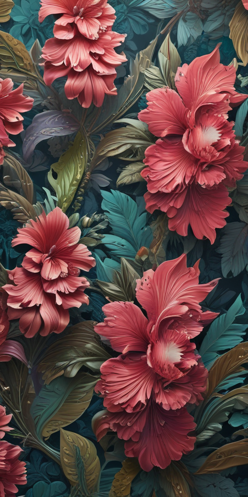 Vibrant Floral Pattern Featuring Lush Hibiscus Blooms and Tropical Foliage