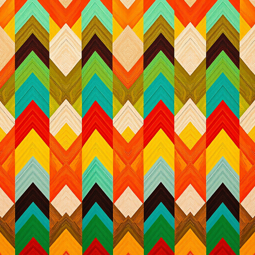 Create a high-resolution image of a vibrant chevron pattern featuring alternating shades of orange, green, and blue, captured with a Canon EOS 5D Mark IV, 50mm lens, f/8 aperture, ISO 100, in vibrant colors, top-down view, and using a soft natural light setup.
