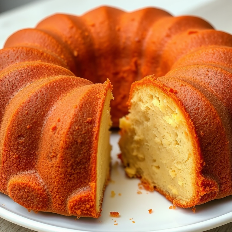 A close-up view of a freshly baked bundt cake with a golden brown crust and a soft, fluffy interior showing a slice cut out revealing its texture and color on a white plate