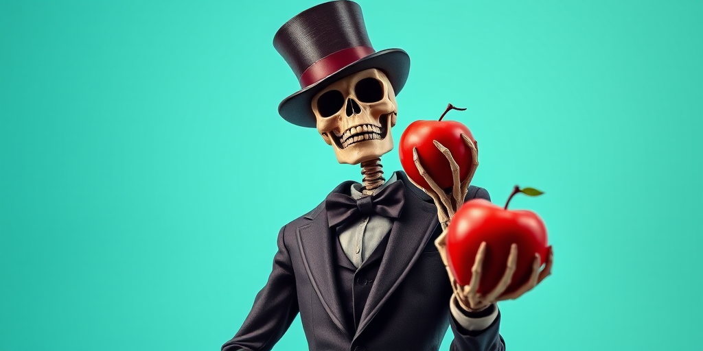 Create a detailed illustration of a skeleton in a top hat and suit, holding a red apple, with a vibrant turquoise background, using a Canon EOS R5 camera, f/2.8 aperture, 50mm lens, ISO 100, and a soft focus style for a dynamic effect.