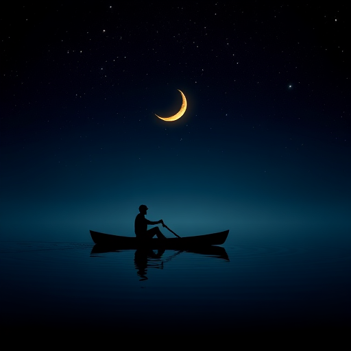 Create an image of a silhouette of a person rowing a crescent moon on a calm water surface at night, with stars twinkling in the background, using a DSLR camera at f/2.8, ISO 100, 50mm lens, with a soft focus effect and a slight vignette.