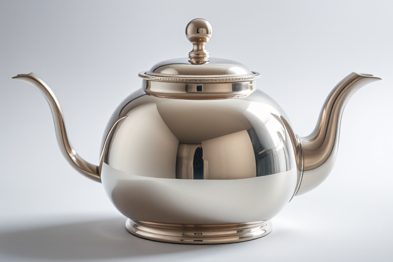 Generate a high-resolution image of a classic silver teapot with a smooth, reflective surface, using a DSLR camera with a 50mm lens at f/2.8, ISO 100, and a 1/125 sec exposure time, positioned at eye level for a clean, soft focus background.