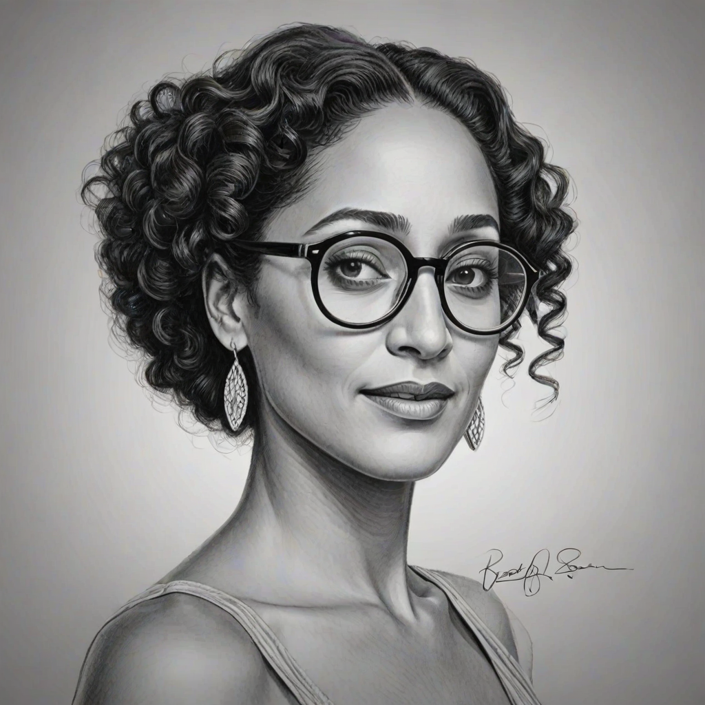 Beauteous Tracee Ellis Ross, pencil sketch, portrait of Lovely woman 1936s in glasses, hair style beatnik, outline, clear lines, fine lines, 8k
