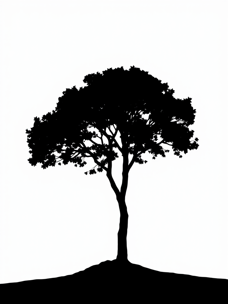 Generate a high-resolution minimalist black and white logo featuring a tree silhouette against a plain background, captured with a DSLR camera at f/2.8, ISO 100, 50mm lens, with a shallow depth of field and soft natural lighting.