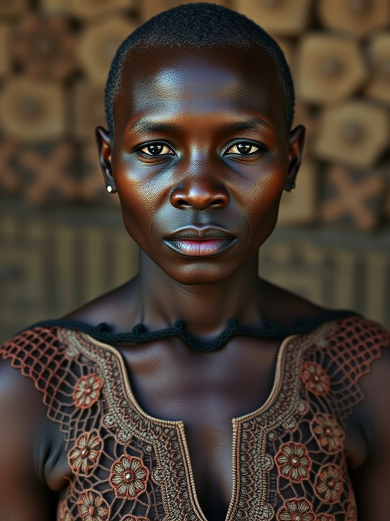 Face, shoulders, chest covered in openwork Cape Verdean embroidery. Raw, unedited image.